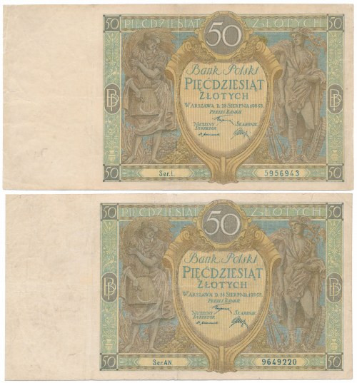 50 złotych 1925 - Ser.L i Ser.AN (2szt) Obydwa banknoty w stanach obiegowych. Wi...