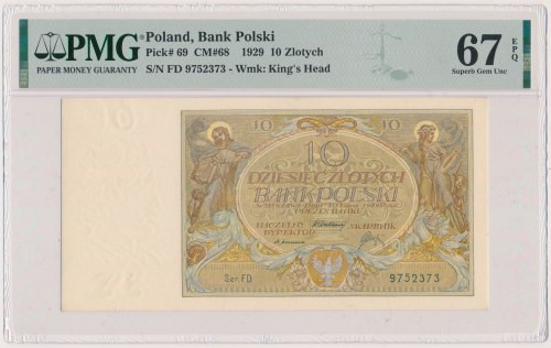 10 złotych 1929 - Ser.FD Znakomita, wyselekcjonowana sztuka. Banknot mimo, że by...