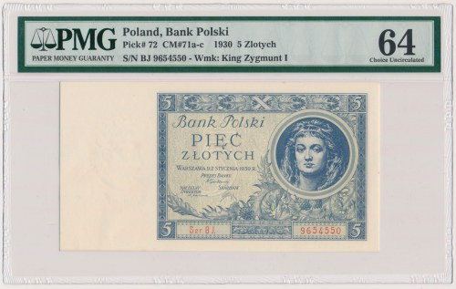 5 złotych 1930 - Ser.BJ Reference: Miłczak 71b
Grade: PMG 64 

POLAND POLEN