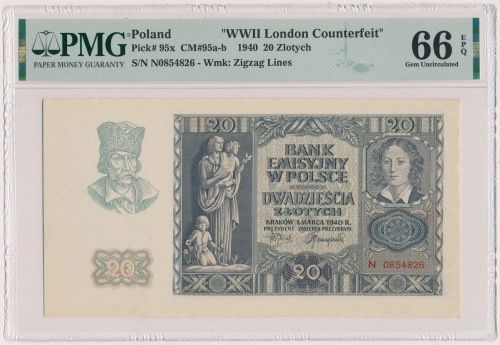 20 złotych 1940 - N Na etykiecie PMG banknot opisany jako 'WWII London Counterfe...