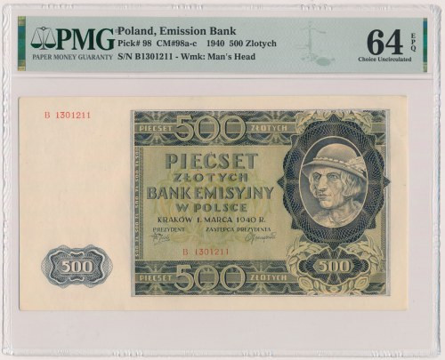 500 złotych 1940 - B Reference: Miłczak 98a
Grade: PMG 64 EPQ 

POLAND POLEN...