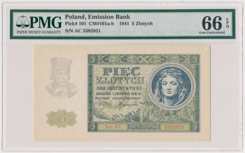 5 złotych 1941 - Ser.AC Reference: Miłczak 101a
Grade: PMG 66 EPQ 

POLAND PO...