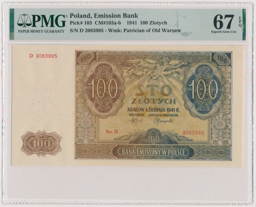 100 złotych 1941 - D Reference: Miłczak 103b
Grade: PMG 67 EPQ MAX 

POLAND P...