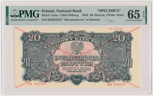 20 złotych 1944 ...owe - WZÓR - KM Wzór kasowy z epoki wykonany na bazie egzempl...