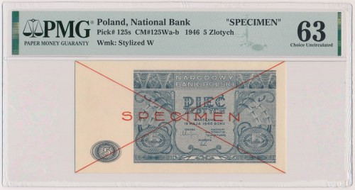 5 złotych 1946 - SPECIMEN Banknot posiada nadruk w kolorze czerwonym, w postaci ...