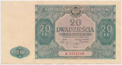 20 złotych 1946 - A - mała litera Lekko zgięty pionowo, na marginesach zafalowan...