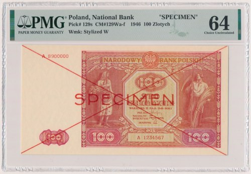 100 złotych 1946 - SPECIMEN - A SPECIMEN banknotu 100 złotych 1946 doceniony not...