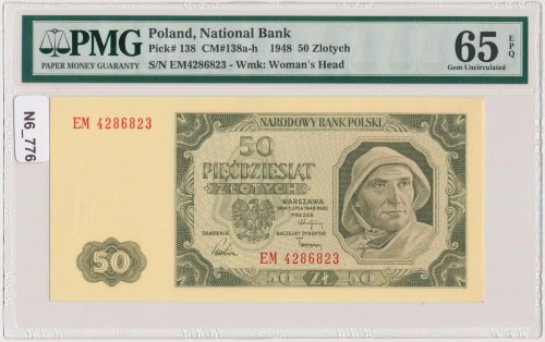 50 złotych 1948 - EM Naklejka na slabie.&nbsp; Reference: Miłczak 138h
Grade: P...