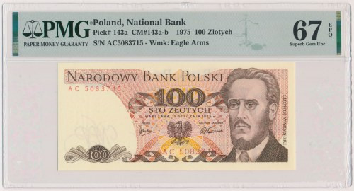 100 złotych 1975 - AC - rzadkie Ostatnia seria z rocznika 1975 i jedna tylko z t...