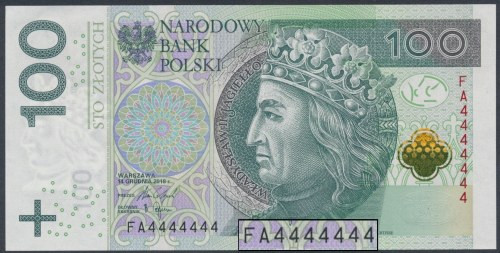 100 zł 2018 FA - 4444444 - jednorodny solid Banknot o świeżej prezencji wręcz ni...