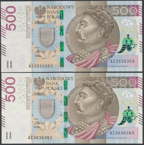 500 zł 2017 AI - 3535353 i 3636363 - radarowe (2szt) W st.1- banknot z numerem A...