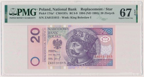 20 złotych 1994 - ZA - seria zastępcza Reference: Miłczak 197c
Grade: PMG 67 EP...