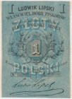 Piskorów, Ludwik Lipski, 1 złoty 1863 Blankiet bez numeru. Nazwa emitenta stemplem. Wymiary bonu: 64 x 87 mm. Reference: Jabłoński nie notuje
Grade: ...