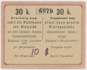 Białystok, 30 kopiejek 1915 - blankiet z dopiskiem 10$ Niewydany egzemplarz z nadwyżki kasowej. W dolnej części awersu zapis flamastrem '10$'.&nbsp; B...