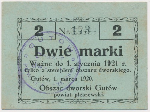 Gutów, 2 marki 1920 Bez ugięć, drobne plamki.&nbsp; Reference: Podczaski P-044.3...