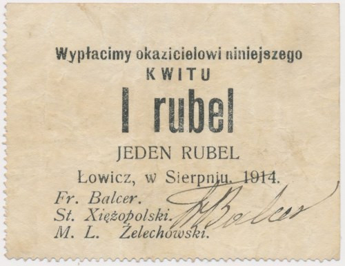 Łowicz, 1 rubel 1914 Reference: Podczaski R-187.6.b
Grade: VF 

POLAND POLEN ...