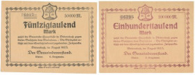 Dittersbach (Podgórze-Wałbrzych), 50.000 i 100.000 mark 1923 (2szt) 50.000 mk st.2+ 100.000 mk st.~1-, lekkie naddarcie górnej krawędzi 

Grade: 2+,...