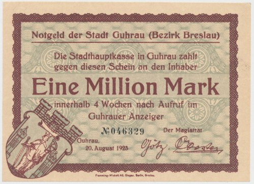 Guhrau (Góra Śląska), 1 mln mk 1923 Reference: Keller 2004.a
Grade: UNC 

POL...