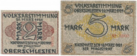Kattowitz (Katowice), 2 i 5 mk 1921 (2szt) 
Grade: UNC/AU 

POLAND POLEN GERMANY RUSSIA NOTGELDS