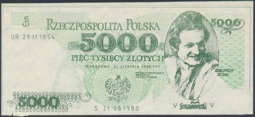 Solidarność, 5.000 złotych 1980 Zbigniew Bujak Naddarcie na dolnej krawędzi. Zag...