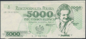 Solidarność, 5.000 złotych 1980 Zbigniew Bujak Naddarcie na dolnej krawędzi. Zagięcie lewego, górnego narożnika.&nbsp; Pozycje tego typu szerzej omówi...