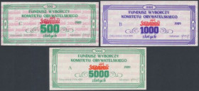 Solidarność, Fundusz Wyborczy 500, 1.000 i 5.000 zł 1989 (3szt) 500 zł w st.2+, pozostałe st.1/1-. 

Grade: 2, 1+/AU