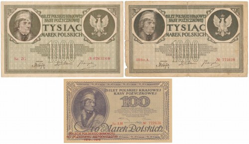 Zestaw 2x 1.000 mkp 1919 i Reprint 100 mkp 1919 (3szt) W st.1 reprint 100 mkp 19...