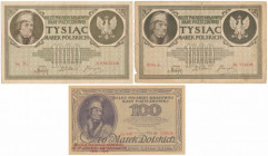 Zestaw 2x 1.000 mkp 1919 i Reprint 100 mkp 1919 (3szt) W st.1 reprint 100 mkp 1919.&nbsp; 
Grade: 5, 4+, 1 

POLAND POLEN MIXED LOTS BANKNOTES