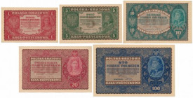 Zestaw od 1 - 100 mkp 08.1919 (5szt) 10 mkp st.1-, pozostałe banknoty w st.1/1-, wszystkie bez ugięć w polu.&nbsp; 
Grade: 1, 1-/AU 

POLAND POLEN ...