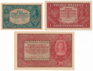 Zestaw 1 i 20 mkp 08.1919 i 1/2 mkp 02.1920 (3szt) Reference: Miłczak 23b, 26c, 30
Grade: 1, 1/AU 

POLAND POLEN MIXED LOTS BANKNOTES