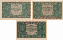 5 mkp 08.1919 - komplet odmian (3szt) II Seria Cu st.1-, pozostałe banknoty w st.1, 1/1-. Reference: Miłczak 24a-c 

POLAND POLEN MIXED LOTS BANKNOT...