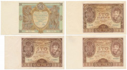 Zestaw polskich banknotów z lat 1929-1934 (4szt) 50 zł 1929 st.2+/1-, złamany lewy, dolny narożnik 100 zł 1932 st.2+, piękny 100 zł 1934 AX st.3++ (+X...