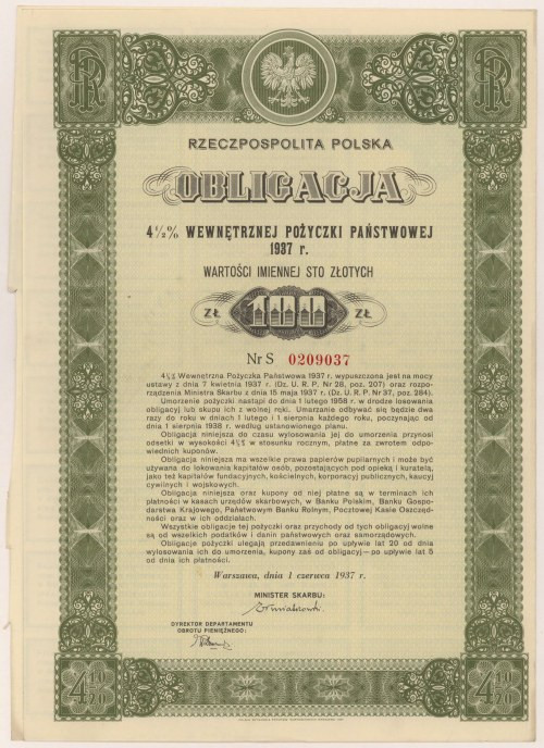 4.5% Poż. Wewnętrzna 1937, Obligacja na 100 zł - seria S Reference: Mazur E.45.4...