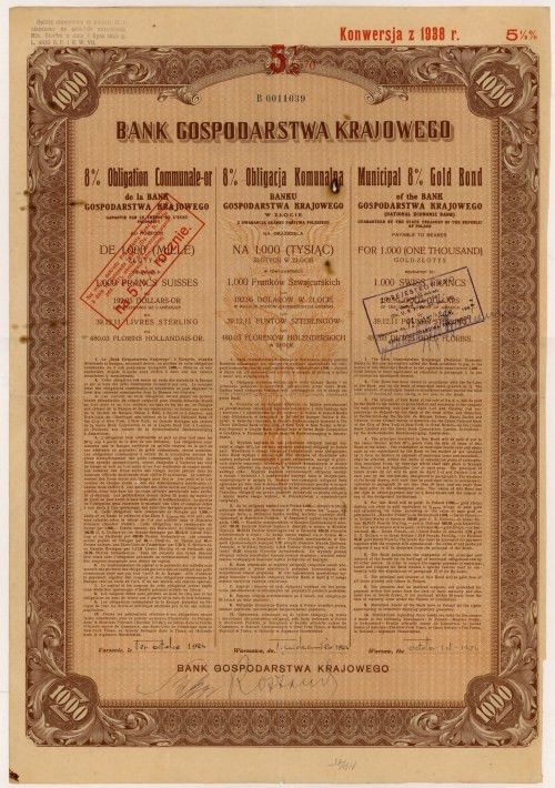 BGK, 8% Obligacja Komunalna 1.000 zł 1924