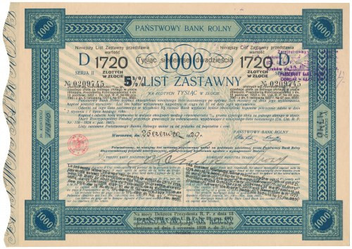 Państwowy Bank Rolny, List zastawny na 1.000 zł 1929 

POLAND POLEN