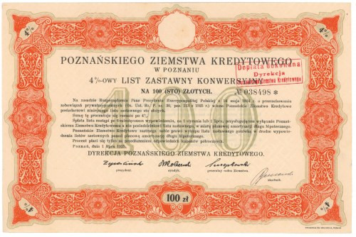 Poznań, PZK, List zastawny 100 zł 1925 

POLAND POLEN