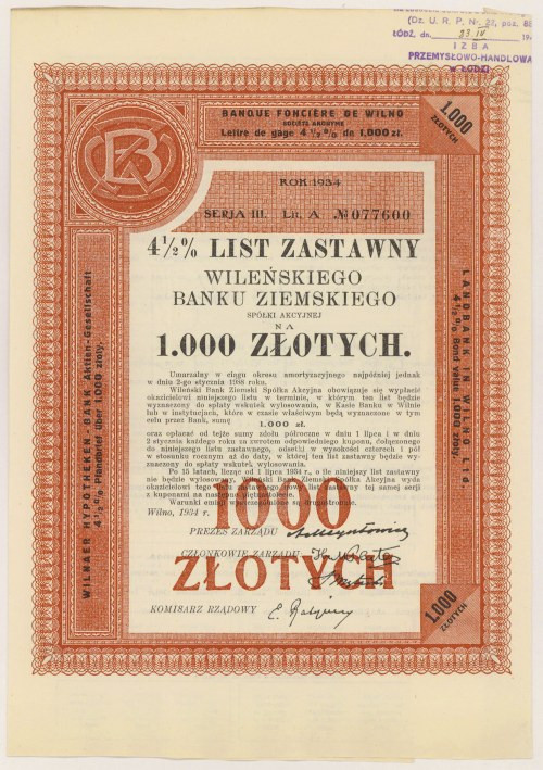 Wileński Bank Ziemski, List zastawny, Ser.III 1.000 zł 1934 

POLAND POLEN