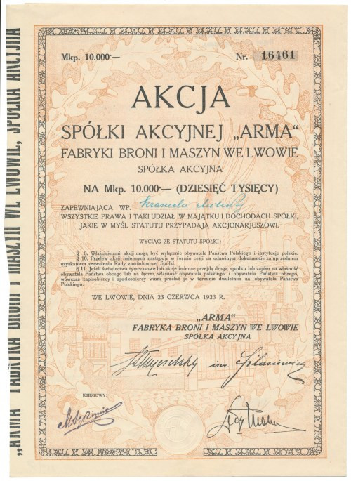 ARMA Fabryki Broni i Maszyn we Lwowie, 10.000 mkp 1923 - imienna Reference: Kozi...