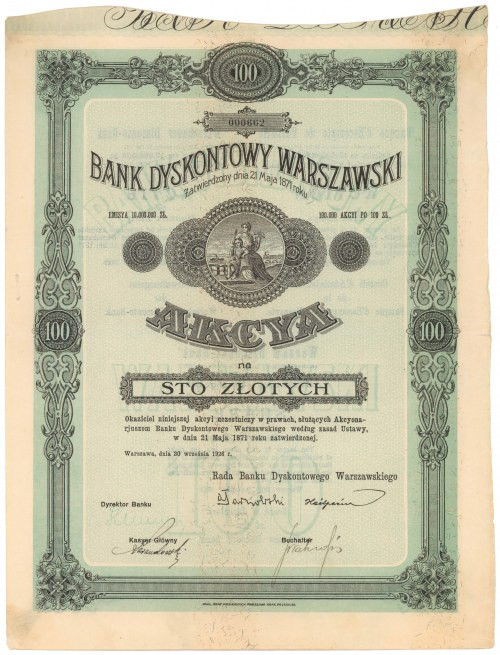 Bank Dyskontowy Warszawski, 100 zł 1926 W komplecie dokument identyfikacji podat...