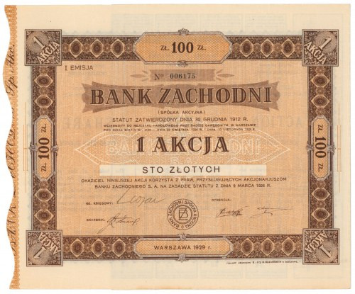 Bank Zachodni, Em.1, 100 zł 1929 Wymiary:&nbsp; 24 x 20.5 cm. 
Reference: Kozio...