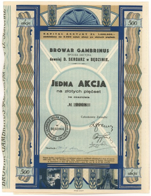 Browar GAMBRINUS dawniej D. SERCARZ w Będzinie, 500 zł 1932 Browar Gambrinus zos...