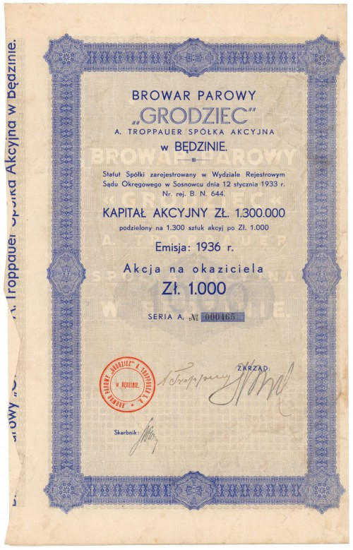 Browar Parowy GRODZIEC A. Troppauer w Będzinie, 1.000 zł 1936 Reference: Kozioro...