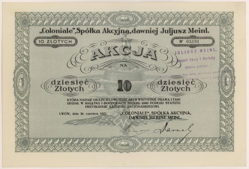 COLONIALE Sp. Akc., dawn. Juljusz Meinl., 10 zł 1925 Reference: Koziorowski 249-...