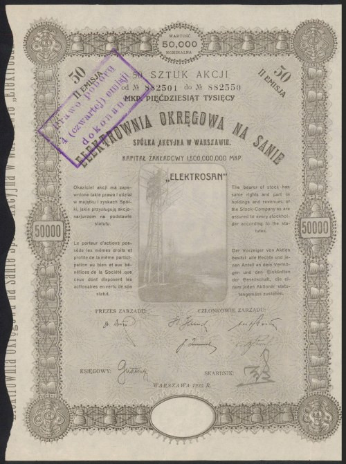 Elektrownia Okręgowa na Sanie, Em.2, 50x 1.000 mkp 1923 Reference: Koziorowski 3...