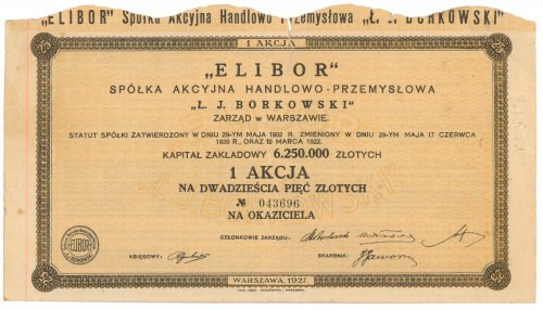 ELIBOR Sp. Akc. Handlowo-Przemysłowa Ł. J. BORKOWSKI, 25 zł 1927 Reference: Kozi...