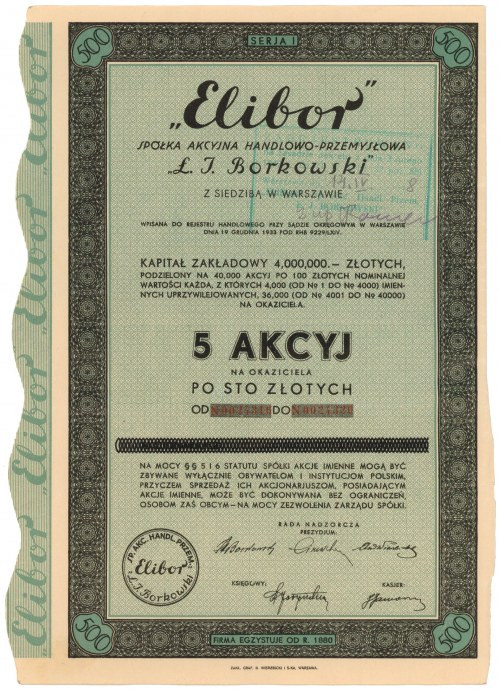 ELIBOR Sp. Akc. Handlowo-Przemysłowa Ł. J. BORKOWSKI, 5x 100 zł Reference: Kozio...