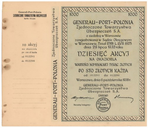 GENERALI-PORT-POLONIA Zjednoczone Tow. Ubezpieczeń, 10x 100 zł 1938 Wymiary:&nbs...