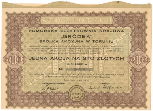 GRÓDEK Pomorska Elektrownia Krajowa, 100 zł 1931 Reference: Koziorowski 1320-5, ...