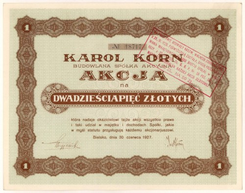 KAROL KORN Budowlana Sp. Akc., 25 zł 1927 Wymiary: 27 x 21.5 cm. 
Reference: Ko...