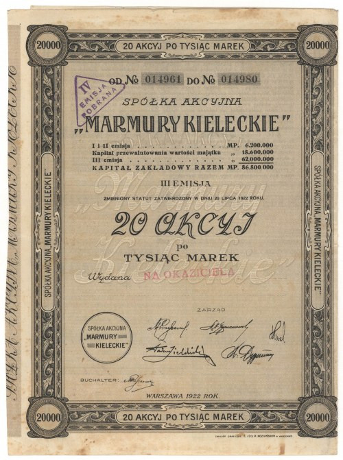 MARMURY KIELECKIE Sp. Akc., Em.3, 20x 1.000 mk 1922 Wczesna emisja dużego format...